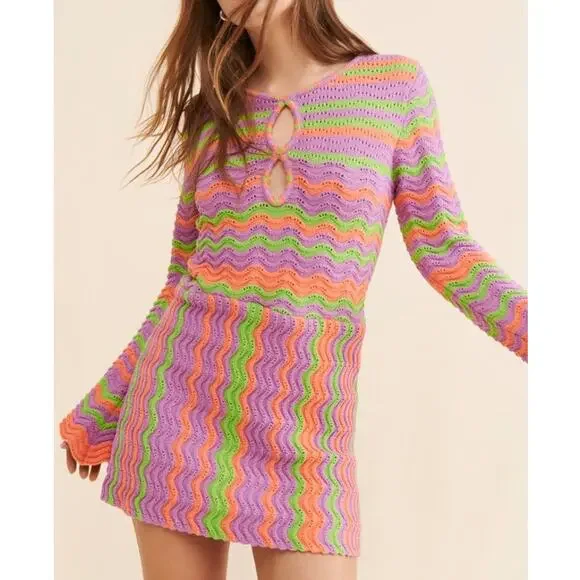 The Wolf Gang | Dresses | The Wolf Gang Lucid Striped Long Sleeve Mini Knit Dress  Pink Green Small | Poshmark